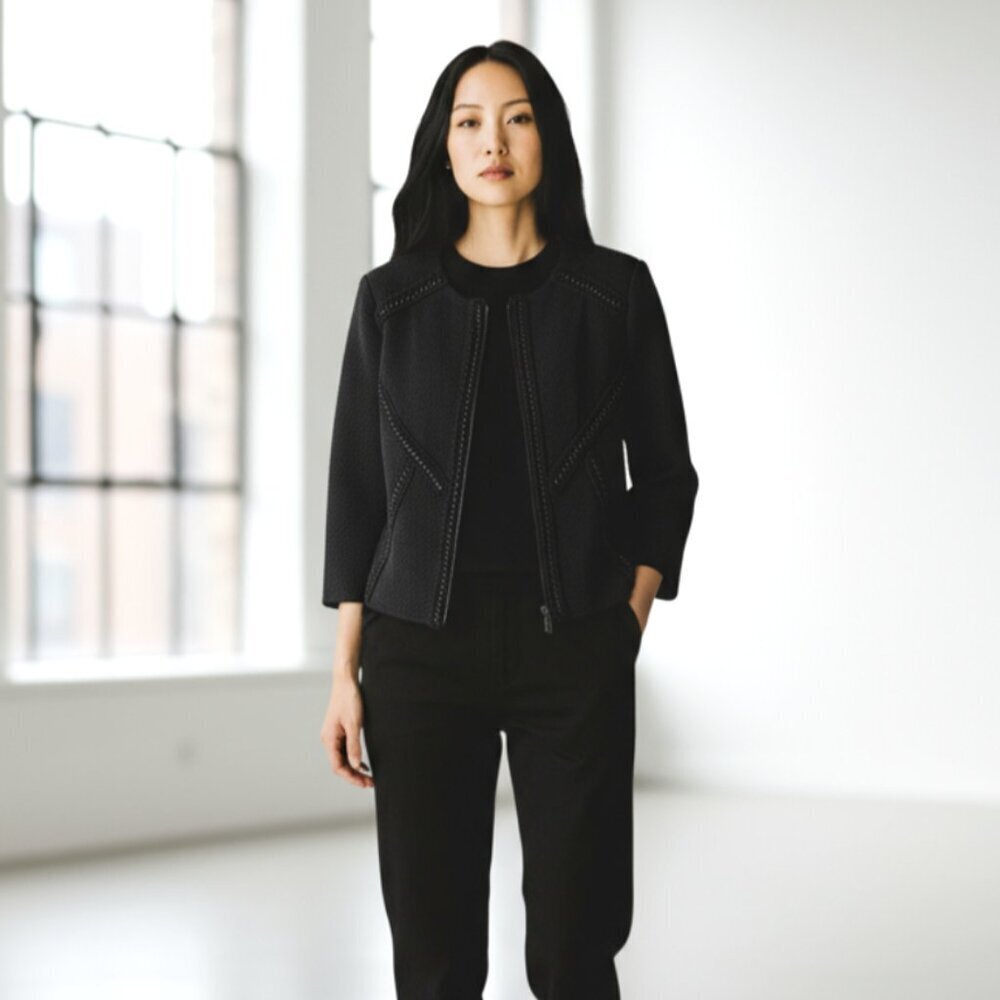 MING WANG Black Textured Knit Blazer Chain Trim Size PS Jacket